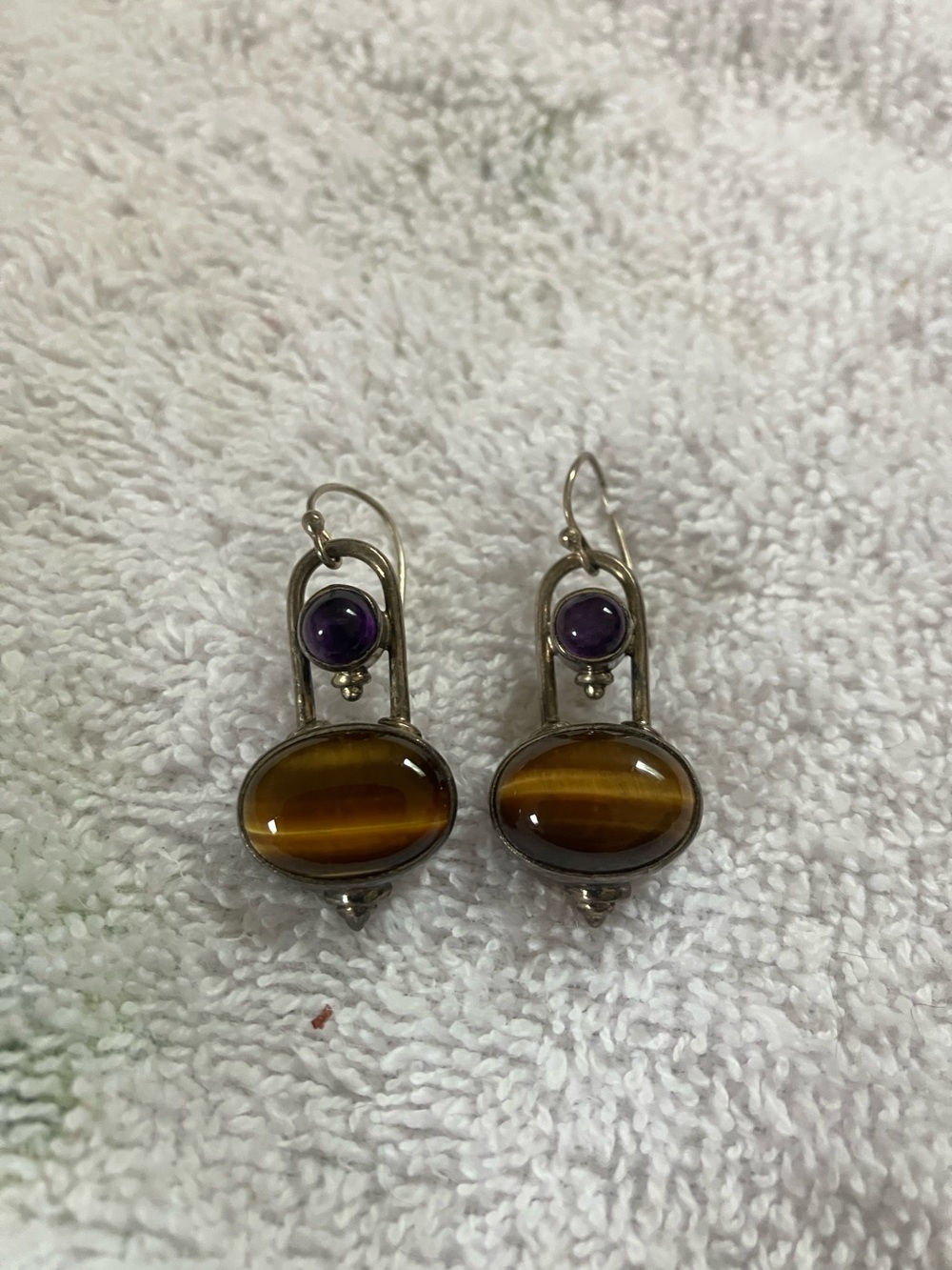 Silver Drop Earrings with Brown Tiger's Eye and Purple Amethyst